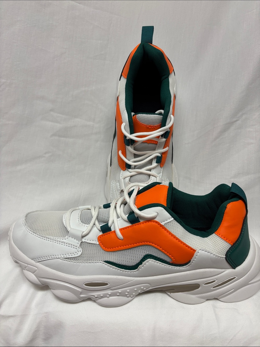White Chunky Sneakers with Orange and Dark Green Accents